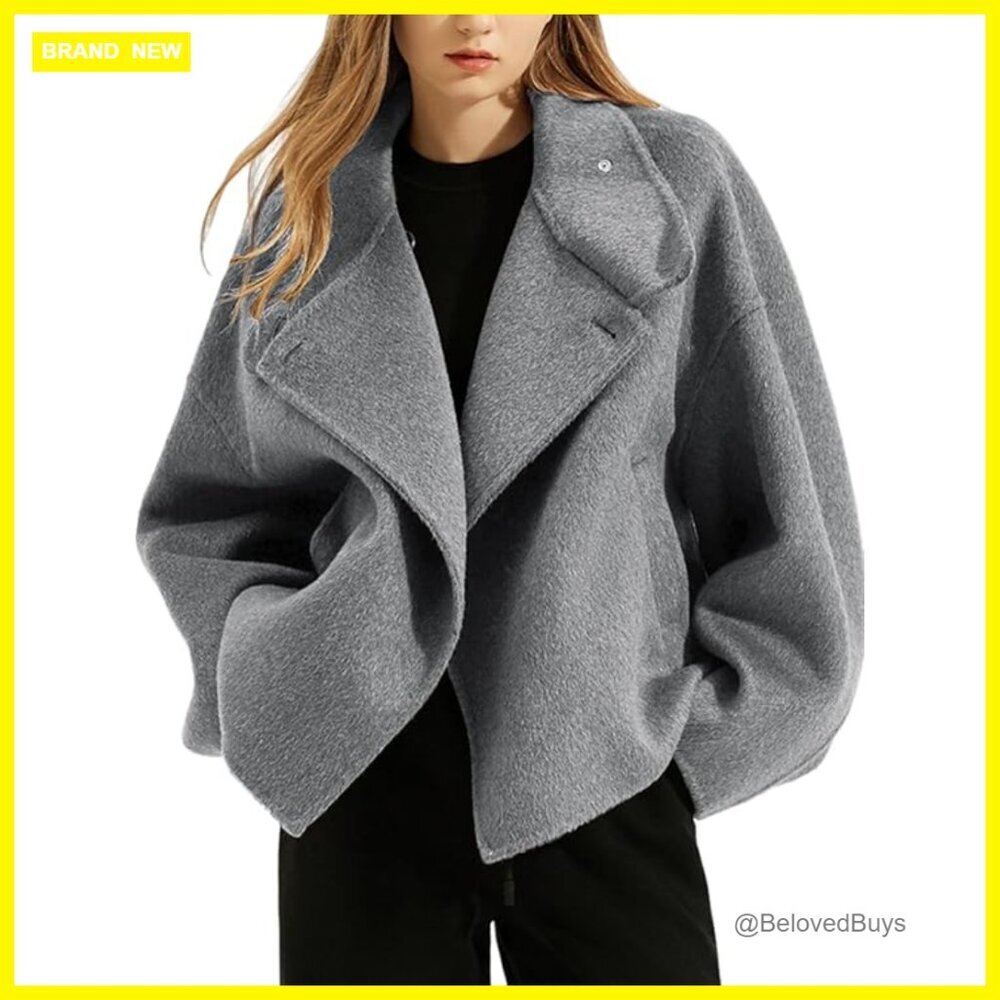 Cropped Wool Pea Coat Oversized Fit Notched Lapel Long Sleeve Pockets